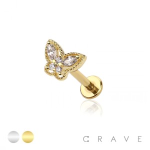 BUTTERFLY CZ PRONG TOP 316L SURGICAL STEEL INTERNAL LABRET BAR