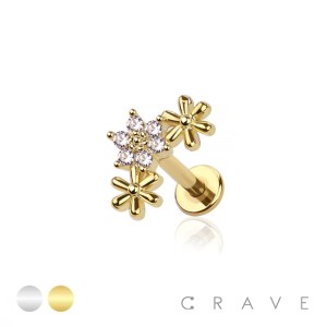TRIPLE FLOWER CZ PRONG TOP 316L SURGICAL STEEL INTERNAL LABRET BAR