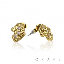 PAIR OF 18K GOLD PLATED STAINLESS STEEL NUGGET SHAPE WITH CZ GEM EARRING