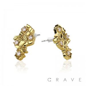 PAIR OF 18K GOLD PLATED STAINLESS STEEL GOLD NUGGET SHAPE WITH CZ GEM EARRING