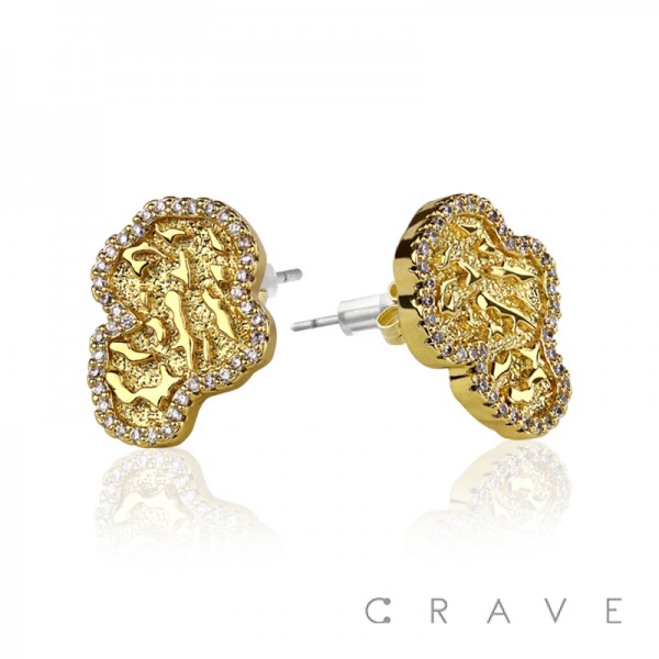 PAIR OF 18K GOLD PLATED STAINLESS STEEL GOLD NUGGET SLASHED SHAPE WITH CZ GEMS EARRING