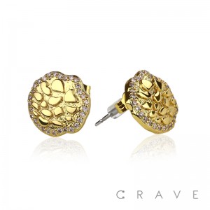 PAIR OF 18K GOLD PLATED STAINLESS STEEL ROUND SHELL SHAPE WITH CZ GEMS EARRING	