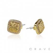 PAIR OF 18K GOLD PLATED STAINLESS STEEL SQUARE SHAPE WITH CZ GEMS EARRING	