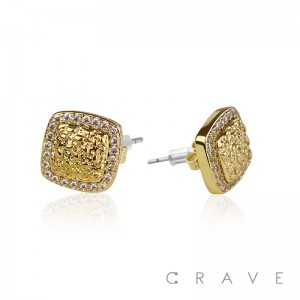 PAIR OF 18K GOLD PLATED STAINLESS STEEL SQUARE SHAPE WITH CZ GEMS EARRING	