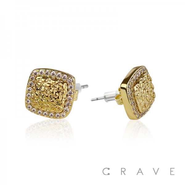 PAIR OF 18K GOLD PLATED STAINLESS STEEL SQUARE SHAPE WITH CZ GEMS EARRING	