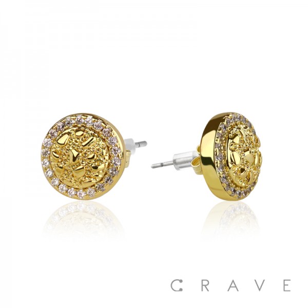 PAIR OF 18K GOLD PLATED STAINLESS STEEL ROUND WITH CZ GEMS EARRING	