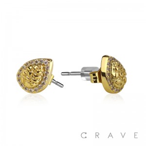 PAIR OF 18K GOLD PLATED STAINLESS STEEL TEAR DROP SHAPE WITH CZ GEMS EARRING	