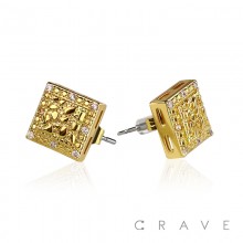 PAIR OF 18K GOLD PLATED STAINLESS STEEL DOUBLE SQUARE SHAPE WITH CZ GEMS EARRING	