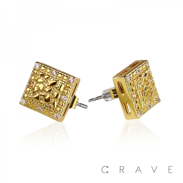 PAIR OF 18K GOLD PLATED STAINLESS STEEL DOUBLE SQUARE SHAPE WITH CZ GEMS EARRING	