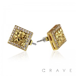 PAIR OF 18K GOLD PLATED STAINLESS STEEL DOUBLE SQUARE SHAPE WITH CZ GEMS EARRING	
