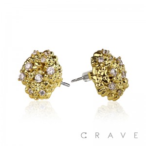 PAIR OF 18K GOLD PLATED STAINLESS STEEL/BRASS GOLD INGOT SHAPE WITH CZ GEMS EARRING