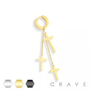 PAIR OF 316L STAINLESS STEEL CHAINED TRIPLE CROSS WITH FLAT HUGGIE/HOOP EARRING 