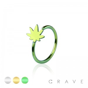 MARIJUANA LEAF END 316L SURGICAL STEEL HOOP RING