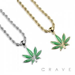 GEM PAVED MARIJUANA HIP HOP BLING ALLOY PENDANT WITH CHAIN