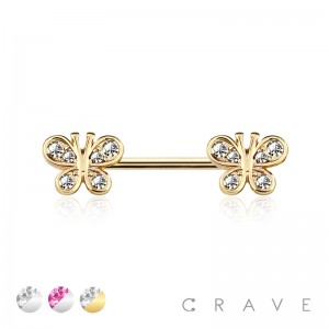 GEM PAVED BUTTERFLY 316L SURGICAL STEEL NIPPLE BAR