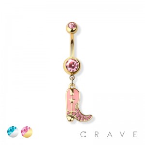 GEM PAVED COWBOY BOOTS 316L SURGICAL STEEL NAVEL RING