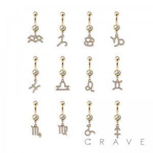GOLD PLATED GEM PAVED ZODIAC SIGN 316L SURGICAL STEEL DANGLE NAVEL RING