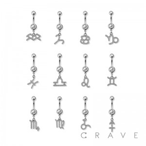 GEM PAVED ZODIAC SIGN 316L SURGICAL STEEL DANGLE NAVEL RING