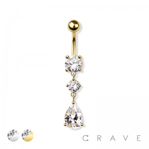 CZ PRONG TEAR DROP DANGLE 316L SURGICAL STEEL NAVEL RING