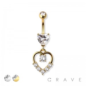 CZ PRONG HEART DANGLE 316L SURGICAL STEEL NAVEL RING