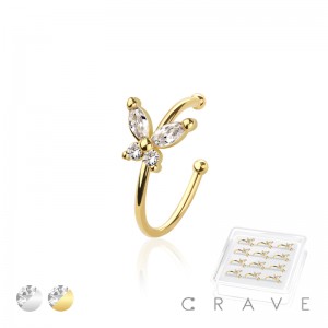 12PCS OF 925 STERLING SILVER NOSE HOOP O-RING WITH CZ PRONG BUTTERFLY TOP