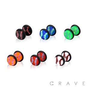 BASEBALL PRINT ACRYLIC FAKE PLUG W/ O-RINGS