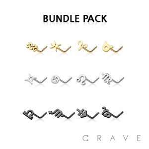 ZODIAC SYMBOL 316L SURGICAL STEEL L SHAPE NOSE RING BUNDLE PACK