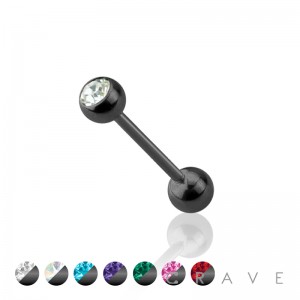 BLACK PVD PLATED OVER 316L SURGICAL STEEL BARBELL WITH PRESS FIT COLOR GEM (external thread)