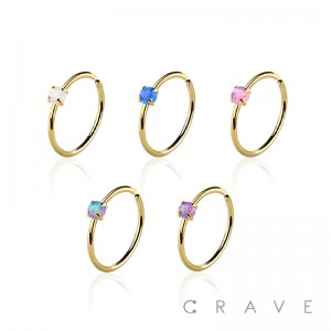 SYNTHETIC OPAL STONE PRONG SET 316L SURGICAL STEEL NOSE HOOP 