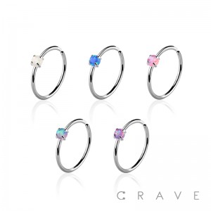 SYNTHETIC OPAL STONE PRONG SET 316L SURGICAL STEEL NOSE HOOP 