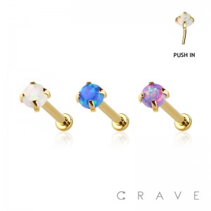 GOLD PLATED OPAL PRONG SET TOP PUSH-IN THREADLESS 316L SURGICAL STEEL LABRET/MONROE