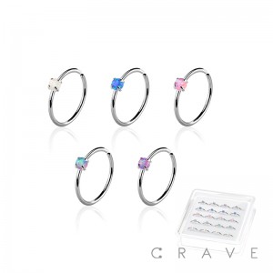 SYNTHETIC OPAL STONE PRONG SET 316L SURGICAL STEEL NOSE HOOP BOX