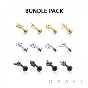 ZODIAC SYMBOL 316L SURGICAL STEEL LABRET SET BUNDLE PACK