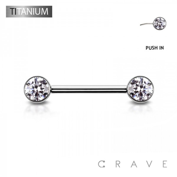 IMPLANT GRADE TITANIUM THREADLESS PUSH IN BARBELL WITH CZ BEZEL SET FRONT NIPPLE RING