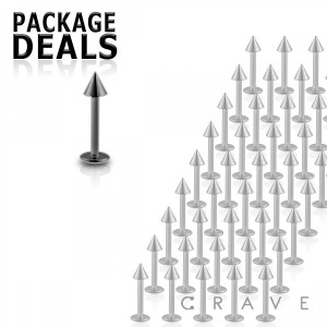 50PCS OF BASIC BLACK PLATED OVER316L SURGICAL STEEL EXTERNALLY THREADED LABRET WITH SPIKE SET PACKAGE