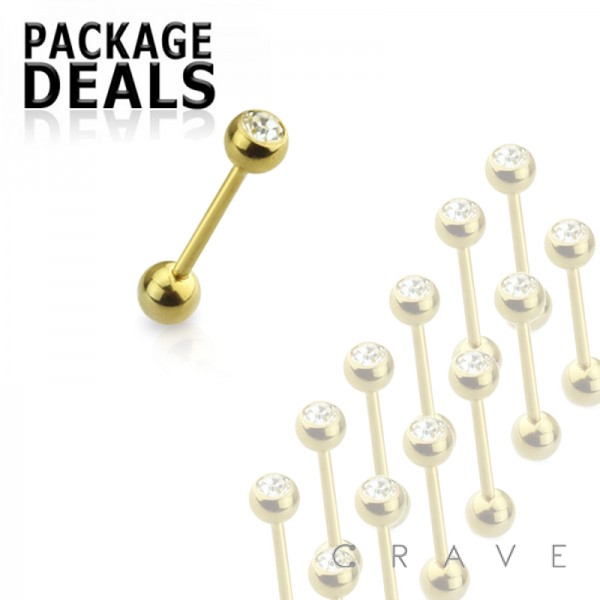 50 PCS OF GOLD PVD PLATED OVER 316L SURGICAL STEEL BARBELL WITH PRESS FIT CLEAR GEM