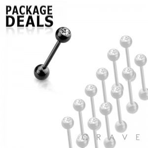 50PCS BLACK PVD PLATED OVER 316L SURGICAL STEEL BARBELL WITH PRESS FIT CLEAR GEM (external thread)