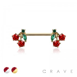 GEM PAVED CHERRY END CHARM 316L SURGICAL STEEL NIPPLE BAR