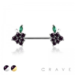 GEM PAVED GRAPE CHARM END 316L SURGICAL STEEL NIPPLE BAR