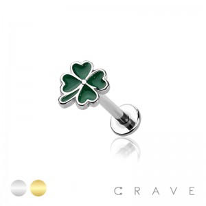 LUCKY CLOVER TOP ENAMEL INTERNALLY THREADED 316L SURGICAL STEEL LABRET BAR	