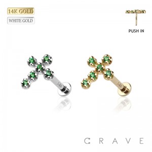 14Kt Gold PUSH IN LABRET WITH CZ PRONG CROSS TOP SET