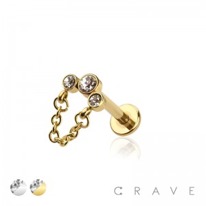 TRIPLE PRONG SET CZ STONE TOP INTERNALLY THREADED 316L SURGICAL STEEL LABRET/MONROE