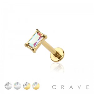 PRONG SET BAGUETTE CZ STONE TOP 316L SURGICAL STEEL INTERNALLY THREADED LABRET/MONROE 