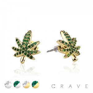 PAIR OF GEM HIP HOP MICROPAVED MARIJUANA STAINLESS STEEL PIN EARRING