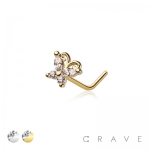 CZ BUTTERFLY TOP 316L SURGICAL STEEL L-SHAPE NOSE RING