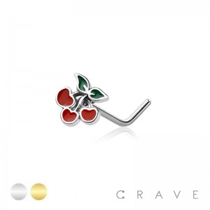 CHERRY TOP ENAMEL 316L SURGICAL STEEL L-SHAPE NOSE RING