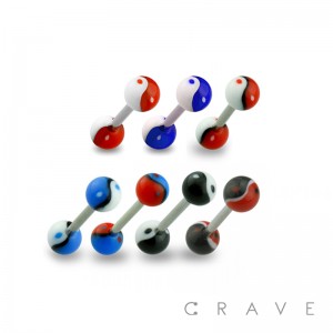 316L SURGICAL STEEL BARBELL WITH YIN YANG DESIGN ACRYLIC BALL