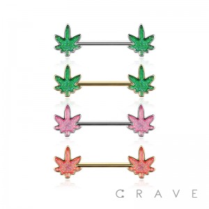 GLITTERED MARIJUANA  316L SURGICAL STEEL BARBELL NIPPLE BAR