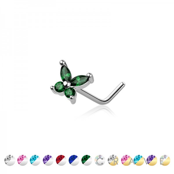CZ PRONG BUTTERFLY 316L SURGICAL STEEL "L" SHAPE NOSE RING