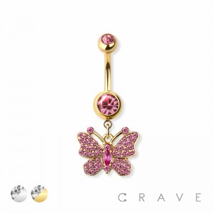 GEM BUTTERFLY DANGLE 316L SURGICAL STEEL NAVEL RING